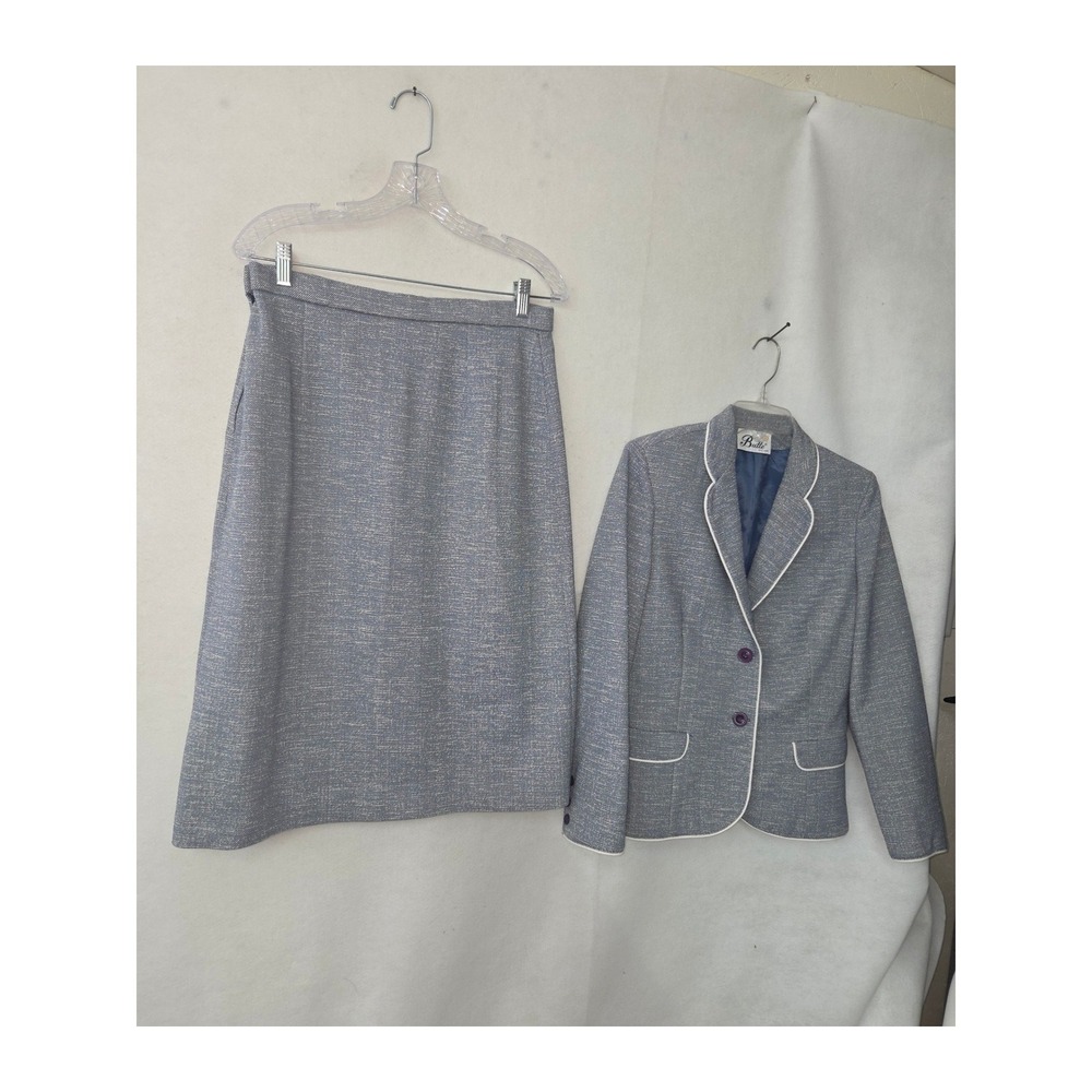 Butte Skirt Suit Women 14 Blue Tweed Vintage Blazer A-Line Skirt Contrast Piping